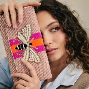 FULL Beaded Bee Crossbody Chain Clutch Pink Bag Handbag Pearl & Crystal NEW NWT